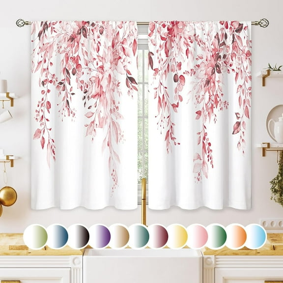 Pink Eucalyptus Botanical Leaves Floral Kitchen Window Curtains Over Sink Farmhouse Flower Leaf Small Window Treatment Cafe Short Curtains for Bathroom Treatment Tier Drapes 27.5x39 inch