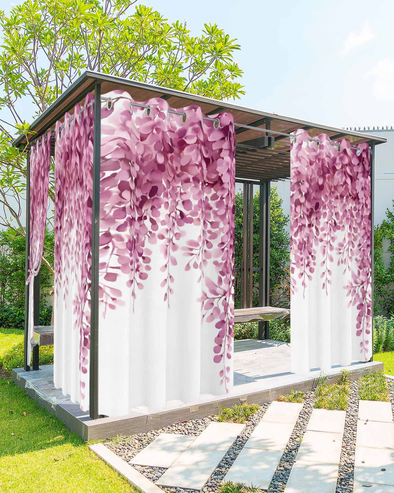 Pink Eucalyptus Leaf Outdoor Curtains for Patio, Spring Romantic Vine ...