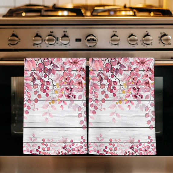 Pink Eucalyptus Leaves Kitchen Towels Set of 4, Summer Botanical Farmhouse Rustic Wood Absorbent Dish Towels for Kitchen, Microfiber Hand Towel, Quick Drying Tea Towel for Cleaning Dishcloths