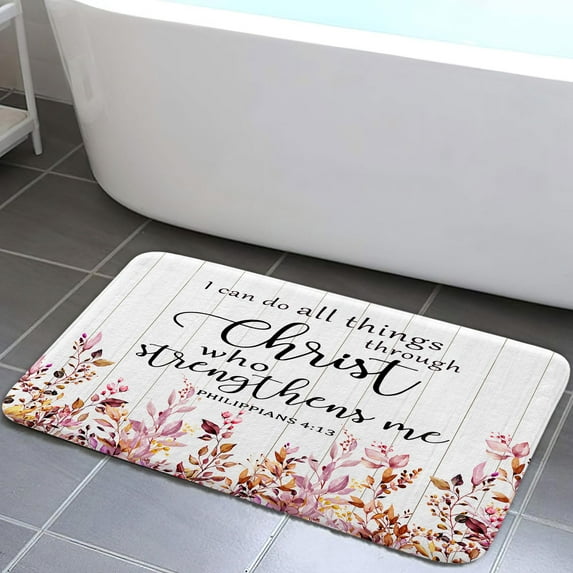 Pink Eucalyptus Leaves Modern Bathroom Rugs, Absorbent Inspirational Quotes in Wooden Farmhouse Rustic Bathroom Rugs Non Slip Rubber Backed Shower Bath Floor Mat for Bathtub Sink Kitchen 17X29in