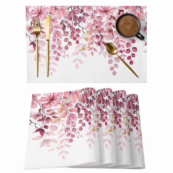 Pink Eucalyptus Leaves Placemats Set of 12, Summer Botanical Watercolor Placemats for Dining Table, Place Mats for Kitchen Tabletop, Waterproof Wipeable Dining Table Mats Set