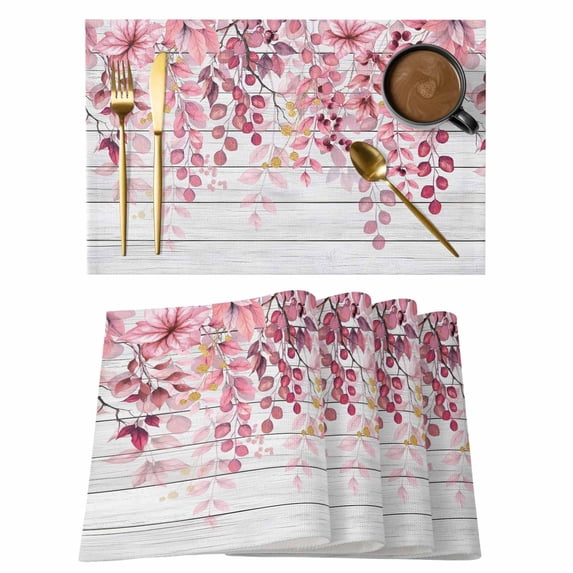Pink Eucalyptus Leaves Placemats Set of 6, Summer Botanical Farmhouse Rustic Wood Placemats for Dining Table, Place Mats for Kitchen Tabletop, Waterproof Wipeable Dining Table Mats Set