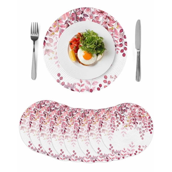 Pink Eucalyptus Leaves Round 13 Inch Placemats Set of 8, Summer Botanical Watercolor HeatResistant Non Slip Place Mats for Dining Table, Wipeable Braided Kitchen Table Mats for Housewarming