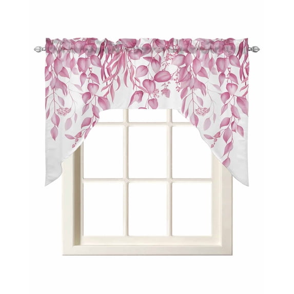 Pink Eucalyptus Leaves Swag Valances for Windows, Small Curtains Drapes, Spring Botanical Leaf Branches Kitchen Window Curtains Over Sink Window Treatment Valance for Bedroom/Bathroom 56"x36"