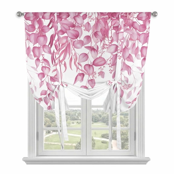 Pink Eucalyptus Leaves Tie Up Curtains for Windows, Adjustable Balloon Window Shades, Spring Botanical Leaf Branches Kitchen Window Treatments Adjustable Roll Up Curtain for Basement/Nursery 52"x45"