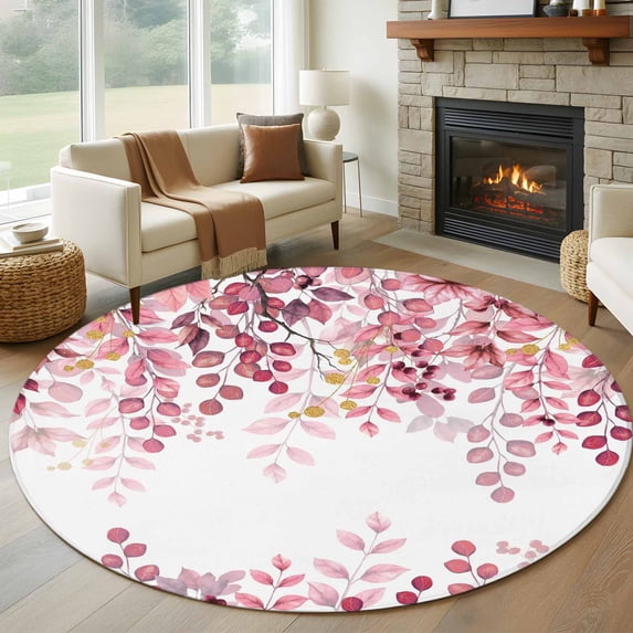 Pink Eucalyptus Round Living Room Rugs 5 ft, Leaves Abstract Branch Farmhouse Retro Leaf Washable Area Rug with Non-Slip Sturdy Edge Binding Round Carpet for Entryway Kitchen Bedroom Bathroom