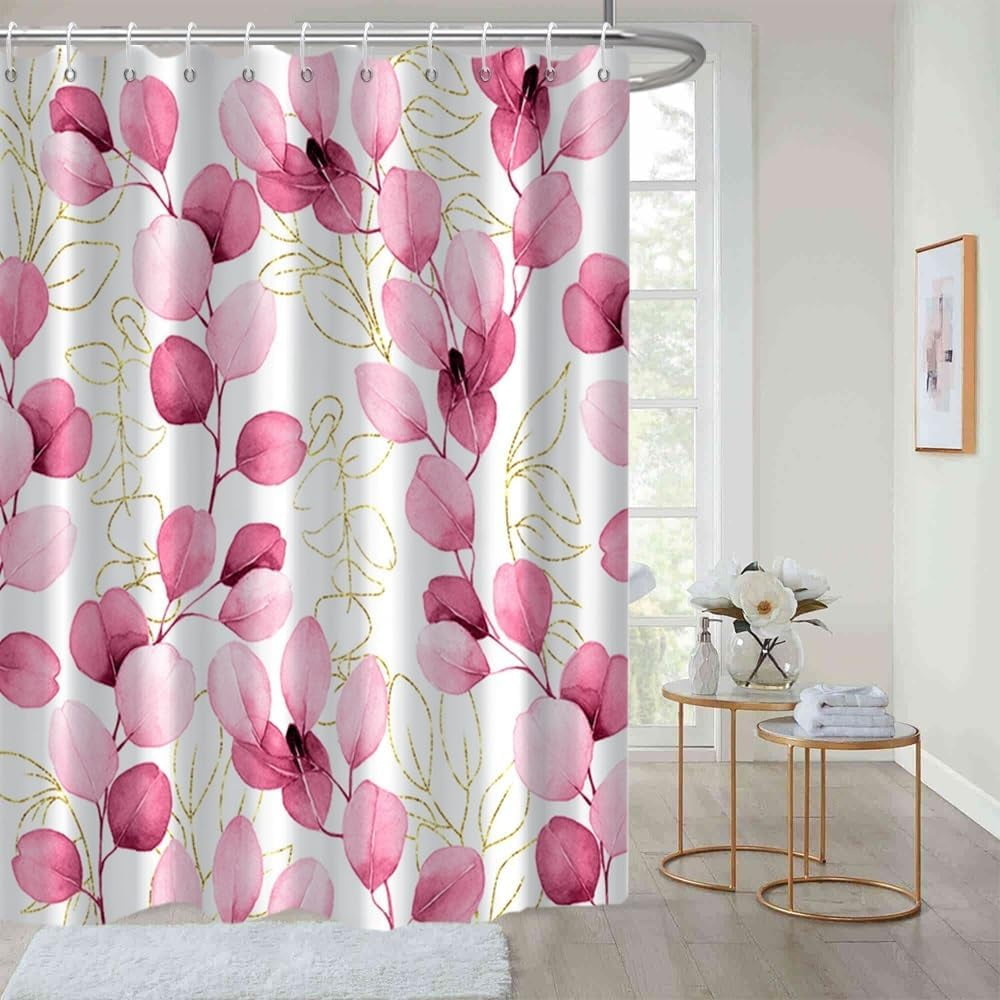 YiarTaan Pink Eucalyptus Shower Curtain - Watercolor Leaf Botanical Print, 72x72 Inches With Hooks - View #13