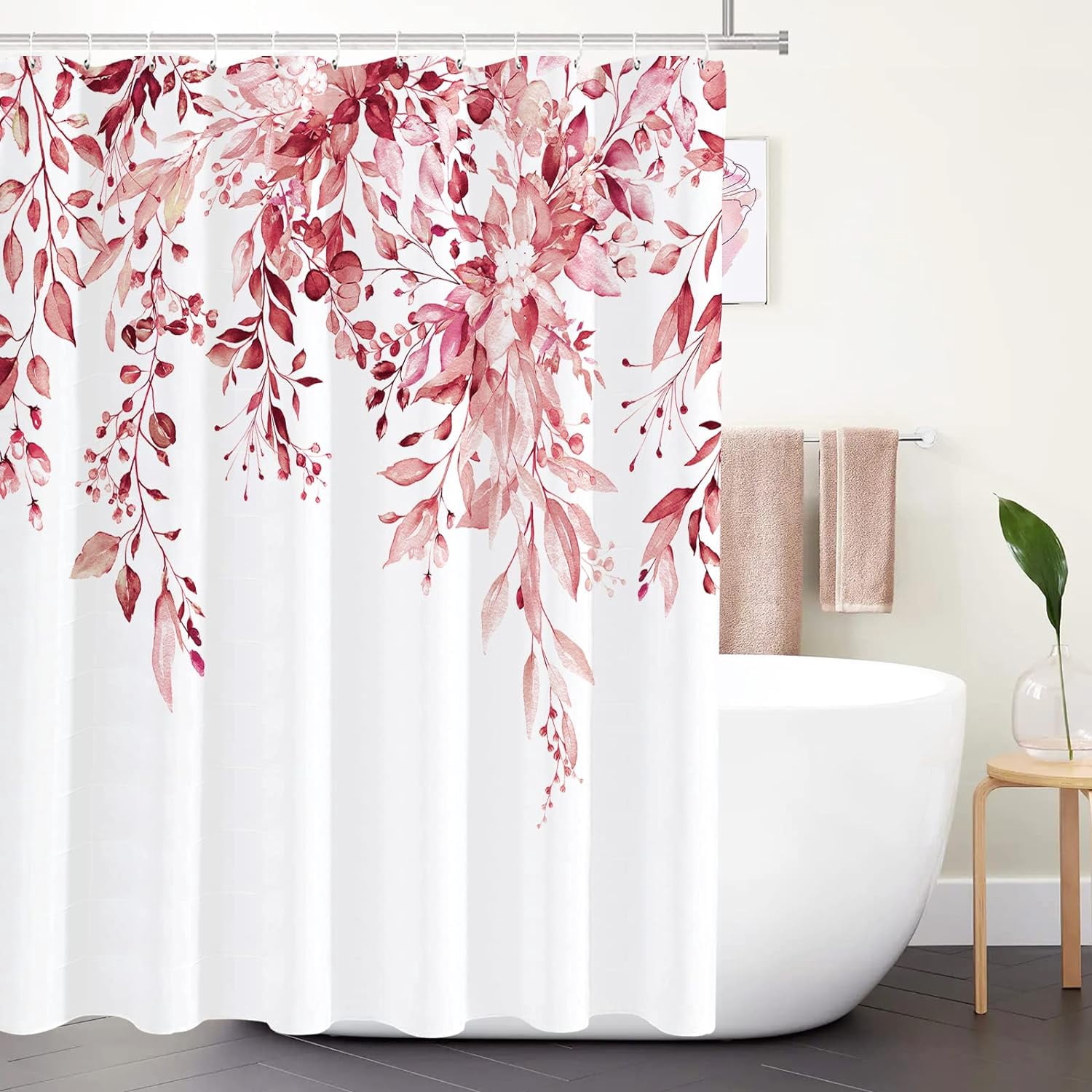 YiarTaan Pink Eucalyptus Shower Curtain - Watercolor Leaf Botanical Print, 72x72 Inches With Hooks - View #10