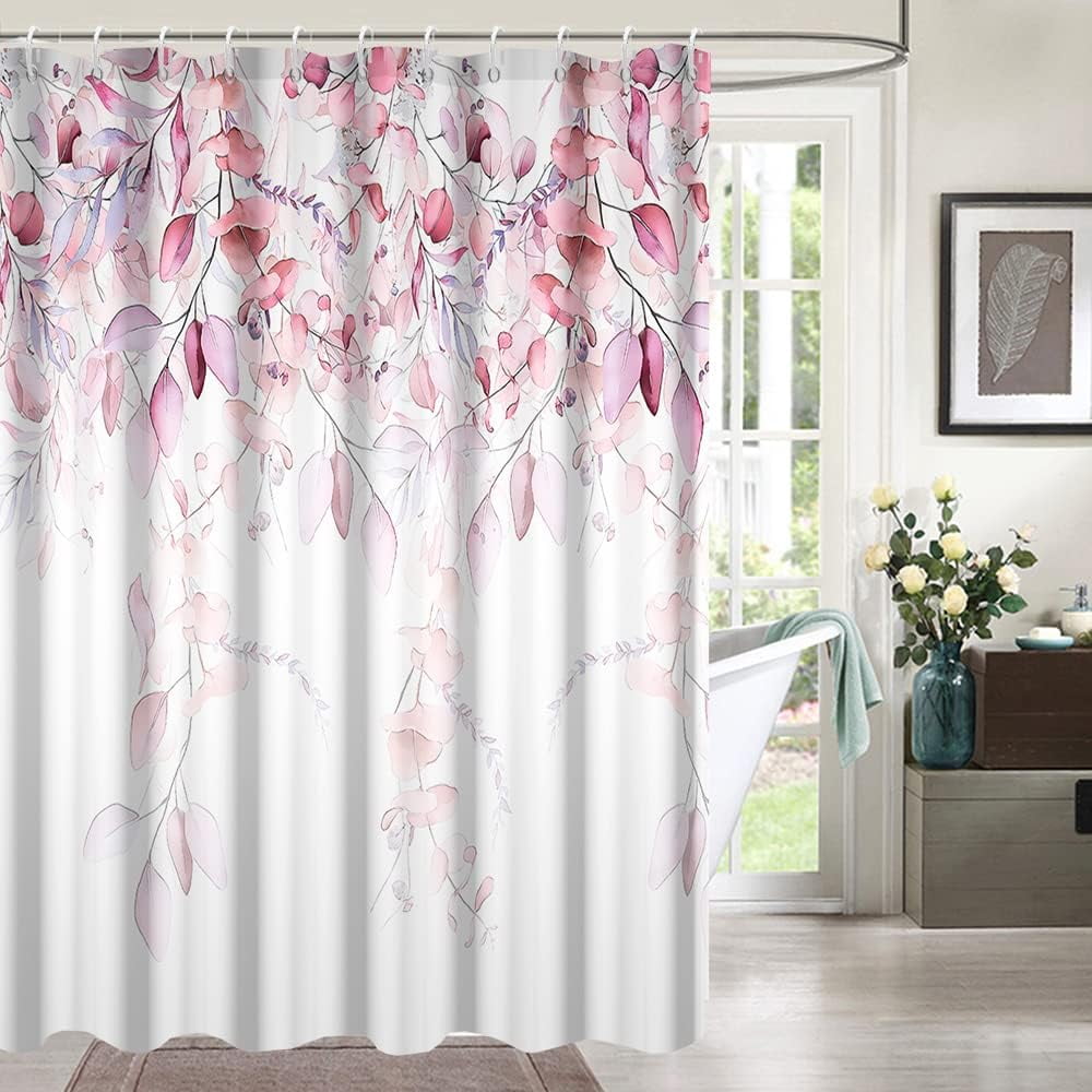 YiarTaan Pink Eucalyptus Shower Curtain - Watercolor Leaf Botanical Print, 72x72 Inches With Hooks - View #9