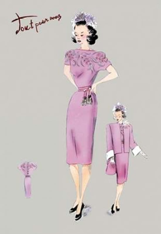 Pink Evening Dress with Overcoat and Hat 1947 Canvas Art - Unknown (24 x 36)