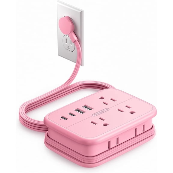 Pink Extension Cord, Travel Power Strip, 6 Outlets 4 USB Ports(2 USB C), 4ft Extension Cord Wrapped Around Small Power Strip, Compact for Travel, Hotel, Cruise Approved, White