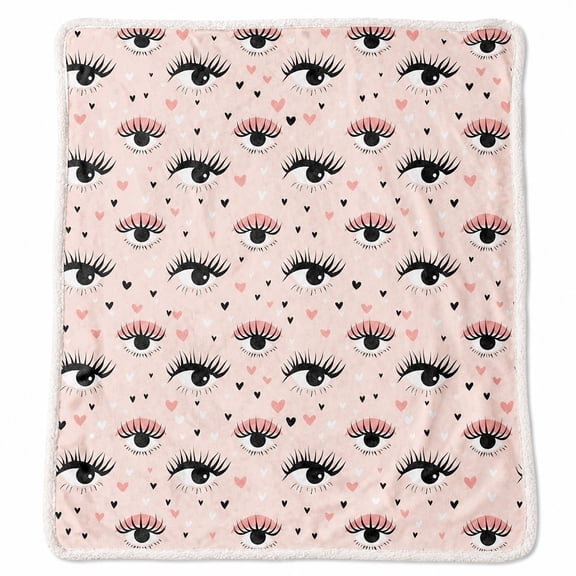 Pink Eyelash Heart Sherpa Blanket, Polyester Fleece 2-Layer Throw Blanket, Soft Printed Sherpa, 30x40 to 60x80 in