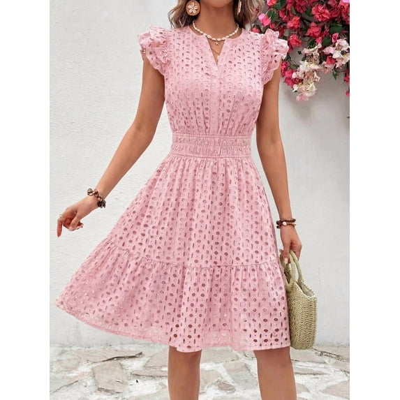 Pink Eyelet Cap Sleeve V-Neck A-Line Tiered Sundress For Women
