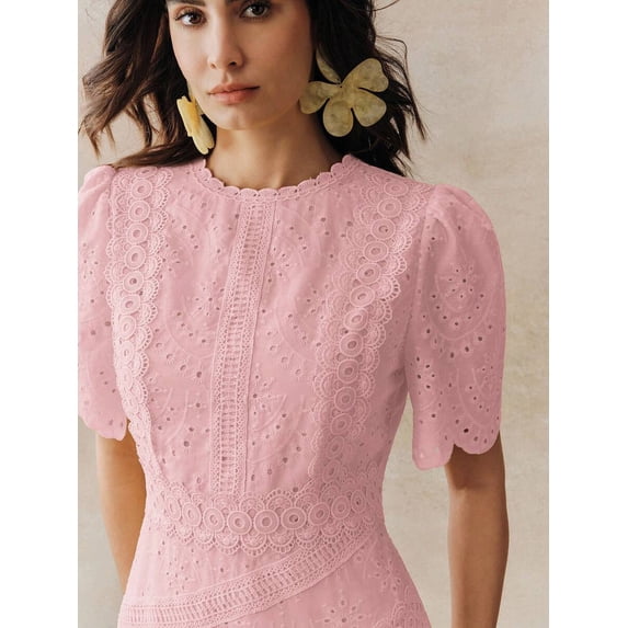 Pink Eyelet Lace Puff Sleeve A-Line Maxi Dress With Scalloped Neck