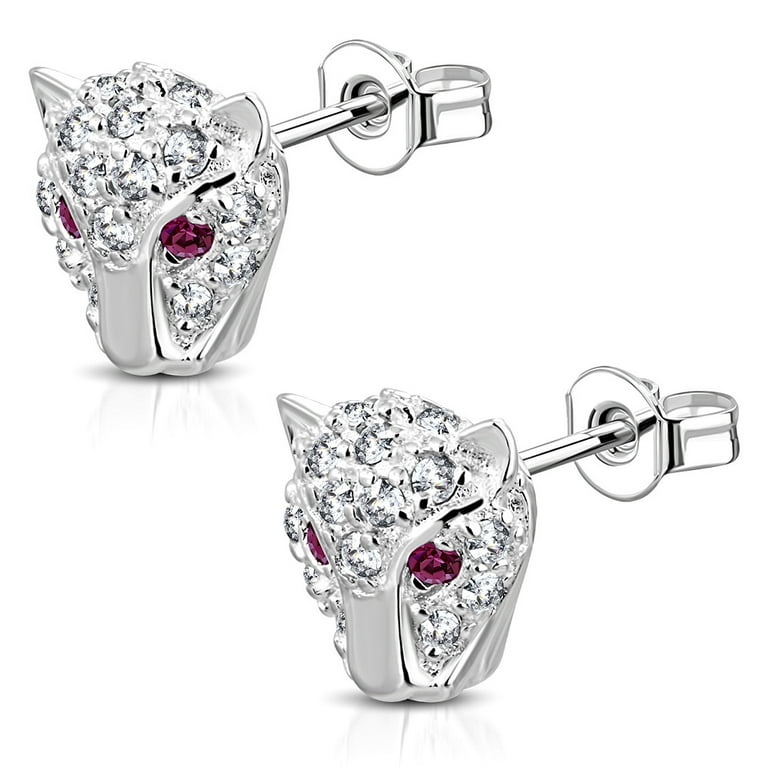 Pink Eyes Leopard Cougar Stud Earrings Silver Plated Brass