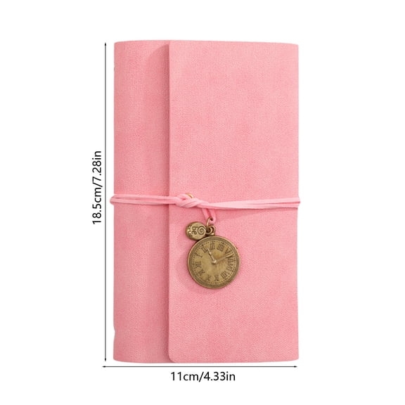 Pink Fabric Notebook Journal, Loose-Leaf Bound Diary with Clock Charm & String Closure, 4.33×7.28in No-Bleed Paper for Travel, Daily Notes & Souvenirs