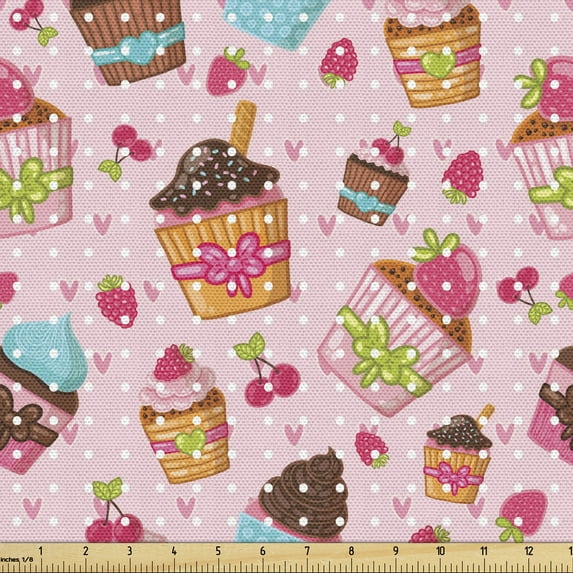Ambesonne Pink Fabric by the Yard Upholstery, Kitchen Cupcakes Muffins, 2 Yards, Pale Pink and Brown