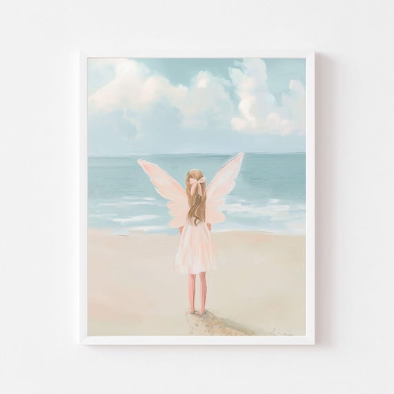 Pink Fairy Beach Whimsical Coastal Wall Art, Unframed Canvas Size 24x36