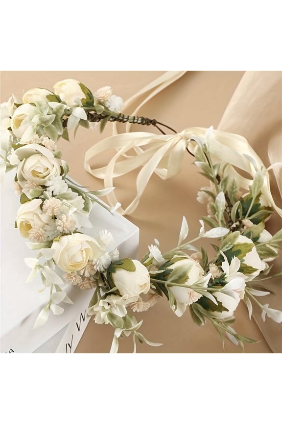 Pink Fairy Floral Crown Even Headband, Bohemian Hairband Flower Headpiece Woodland Forest Elf Circlet for Women Girls Renaissance Wedding Bridal, Garland with Ribbon Prom Photo Props