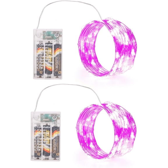 Pink Fairy Lights Battery Operated (Included), 8 Modes & Auto timer, 2 Packs 5m 50Led Mini Twinkle Silver Wire Firefly Starry lights,Waterproof Battery Operated Lights for Tree Bottle Weddings