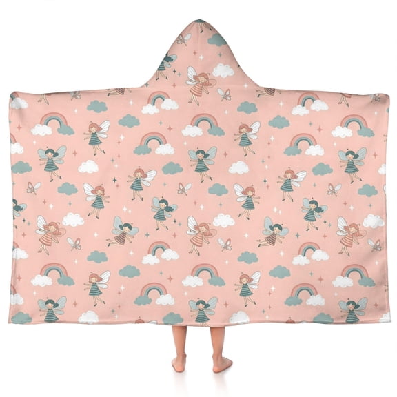 Pink Fairy Rainbow Pattern Hooded Bath Towel,50"x30" for Ages 3 To 12 Kids, Quick Dry Lightweight Soft Microfiber Hood Beach Towel Cover Up for Kids