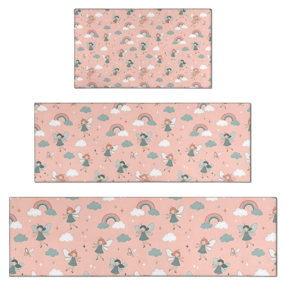 Pink Fairy Rainbow Pattern Kitchen Rugs Sets Of 3,Kitchen Runner Rugs Non Skid Washable,Decorative Kitchen Floor Mats for Kitchen,Sink,Laundry,17"x30"+ 17"x47" + 17"x59"