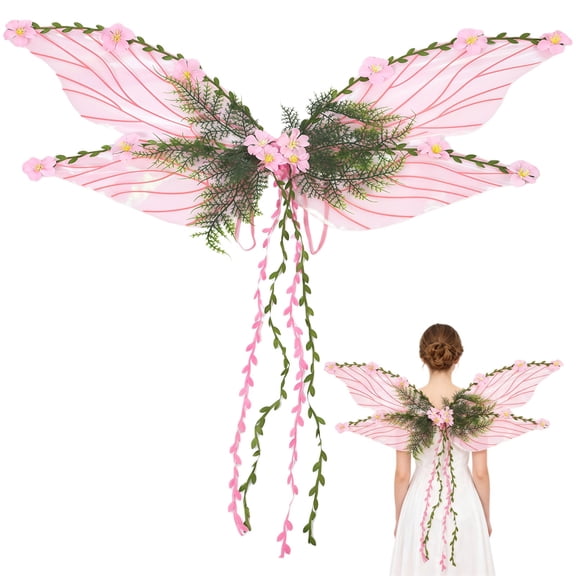 Pink Fairy Wings for Adult, Butterfly Wings with Vines, Mother Nature Costume Woodland Elf Wings with Pink Flowers, Lightweight Fairy Costume Accessory for Renaissance Cosplay