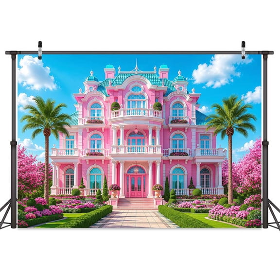 Pink Fairytale Mansion Backdrop, Ornate European Villa House Background 5X3ft Bright Pink Luxury Manor with Palm Tree Floral Garden Blue Sky Scenery Girls Birthday Backdrop Photoshoot Studio