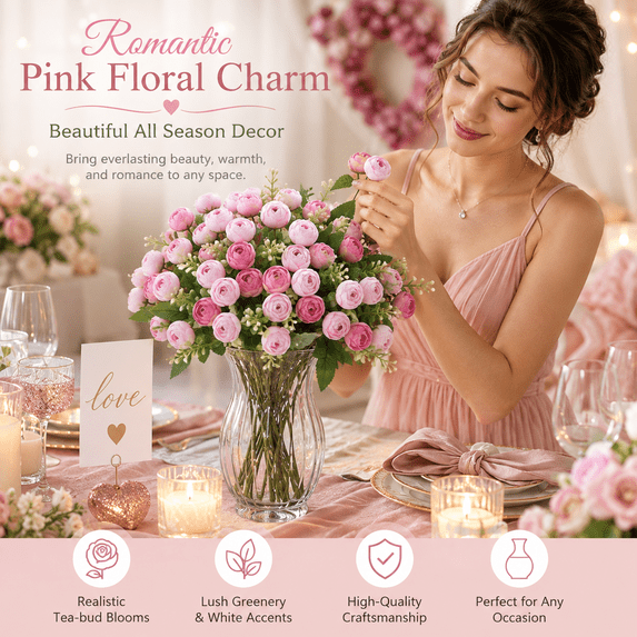 Pink Fake Flowers 15 Heads Artificial Silk Camellia Bud Bouquet - Real Touch Faux Flower Bouquet for Wedding, Valentine's Day, Bridal Shower, Party Home Decor, Sweet 16 Party, Easter Decor, 1pc