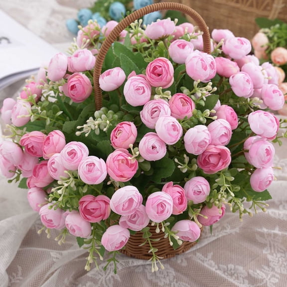 Pink Fake Flowers 15 Heads Artificial Silk Camellia Bud Bouquet - Real Touch Faux Flower Bouquet for Wedding, Valentine's Day, Bridal Shower, Party Home Decor, Sweet 16 Party, Easter Decor, 1pc