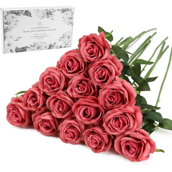 Pink Fake Roses Artificial Flowers - Fake Artificial Roses Silk Flowers with Stems for Home Wedding Hotel Office Centerpiece Decor（Coral Pink）