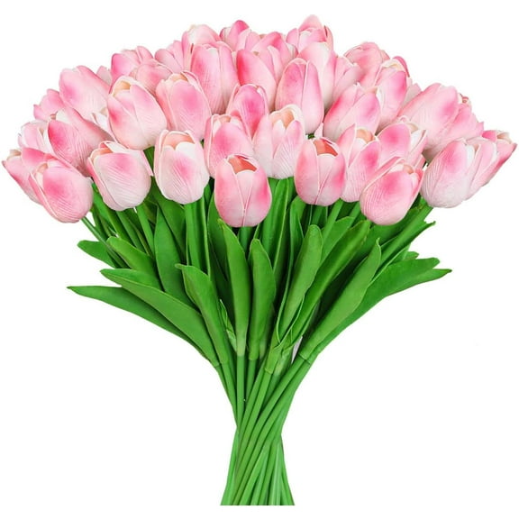 Pink Fake Tulips Artificial Flowers - 24 Pcs Artificial Pink Tulips Faux Flowers with Stems for Home Wedding Hotel Office Centerpiece Decor