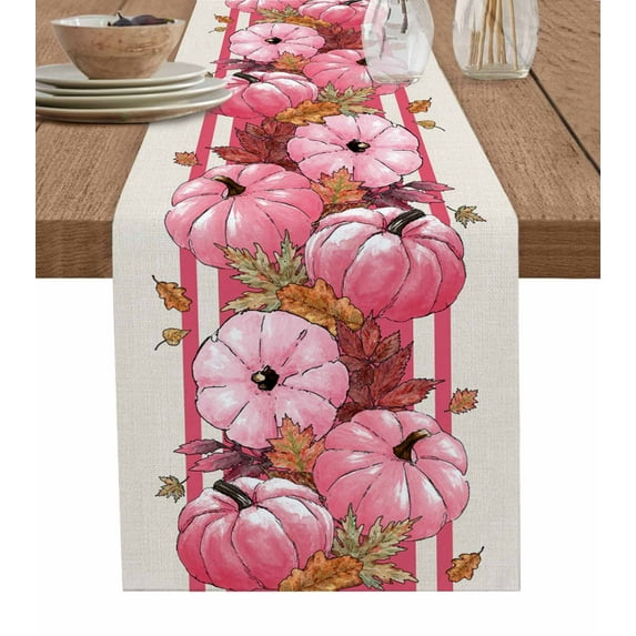 Pink Fall Burlap-Cotton Table Runner 72 Inches Long,Thanksgiving Pumpkins Maple Leaves Retro Beige Farmhouse Table Runners,Outdoor Dining Tablecloths Decor for Baby Shower Party Wedding 13x72