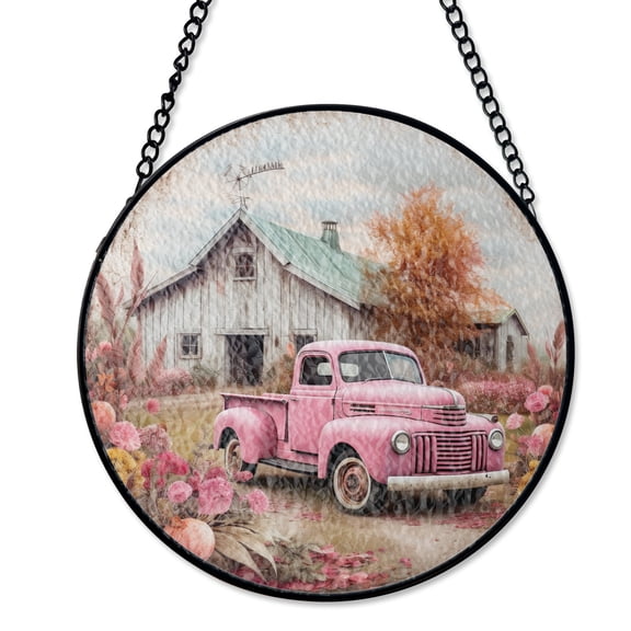 Pink Fall Vintage Pumpkin Truck Decor Stained Glass Suncatcher Pastel Autumn Ornament