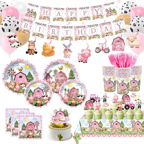Pink Farm Animals Birthday Decorations,161pcs Party Decorations Include Tablecloth,Plate and Napkin,Cup,Fork,Banner,Balloon,Cake Topper,Hanging Swirls, Farm Animals Themed Party Decorations Serve 24