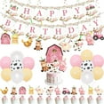 thumbnail image 1 of Pink Farm Animals Birthday Decorations for Girls Farmhouse Floral Theme Happy Birthday Banner Cow Pig Donkey Balloons Hanging Swirls Cake Cupcake Toppers for Kids Barnyard Theme Bday Party Supplies, 1 of 7