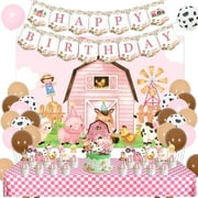 Pink Farm Birthday Party Decorations for Girls Farm Barnyard Happy Birthday Banner Cake Toppers Party Backdrop Tablecloth Cow Pig Donkey Balloons for 1st 2nd Farm Theme Birthday Party Supplies
