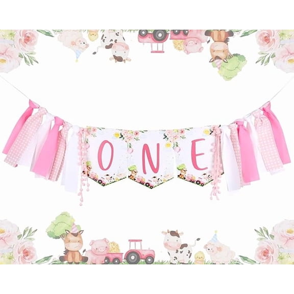 Pink Farm High Chair Banner for 1st Birthday Girl - Farm Themed First Birthday Party Decorations with Fabric Garland, One Year Old Baby Photo Props Souvenir Gifts, Barnyard Party Supplies