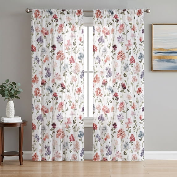 Pink Farmhouse Flowers Sheer Curtains 96 Inch Length 2 Panels Set, Elegant Pastoral Spring Floral Voile Window Treatment Semi Sheer Long Curtains Drapes for Bedroom/Living Room/Kitchen 52"x96"x2