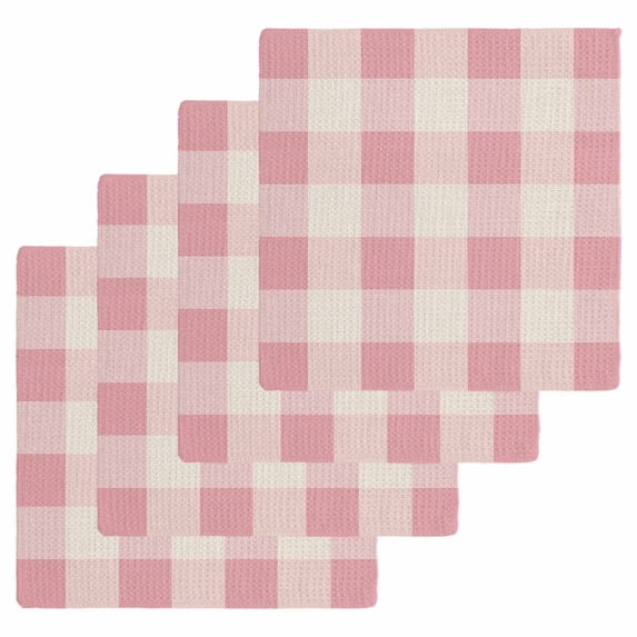 Pink Farmhouse Kitchen Dish Towels for Drying Dishes Set of 4, Buffalo Plaid Check Lattice Geometric Waffle Weave Microfiber Hand Tea Bathroom Towels Quick Dry & Absorbent Towel 12x12