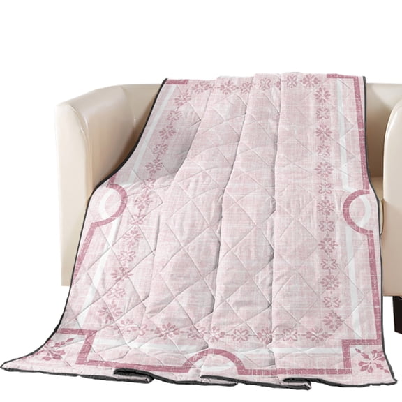 Pink Farmhouse Quilted Comforters Cooling Blanket Full Size, Linen Texture Geometric Lines Floral Boho Cold Comfort for Hot Sleepers Lightweight Air Conditioning Quilt Blanket for Bed
