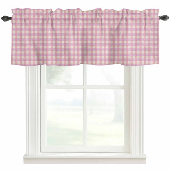 Pink Farmhouse Short Window Curtain Valances, Grid Checkered Plaid Gingham Lattice Trellis Rod Pocket Kitchen Valances for Living Room Bedroom Bathroom Cafe 42" x 12"