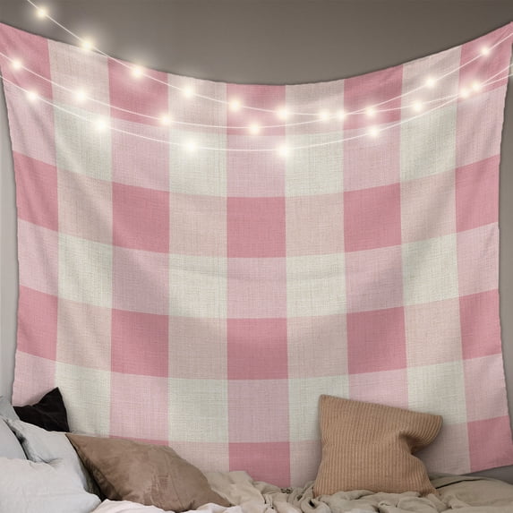 Pink Farmhouse Tapestry for Bedroom Wall Hanging Tapestry, Buffalo Plaid Check Lattice Geometric Ceiling Backdrop Tapestries Poster Blanket Wall Decor for Teens Room Living Room Dorm 55" x 73"