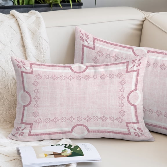 Pink Farmhouse Throw Pillow Covers, Linen Texture Geometric Lines Floral Boho Decorative Lumbar Throw Pillowcase Cushion Cover with Smooth Hidden Zipper for Bedroom Sofa 24 x 36 Inches