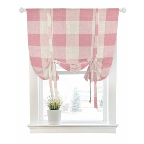 Pink Farmhouse Tie Up Curtains for Window, Thermal Insulated Balloon Shade Adjustable Rod Pocket Curtains Valance Panels for Kitchen Bathroom Cafe 42 x 45 Buffalo Plaid Check Lattice Geometric