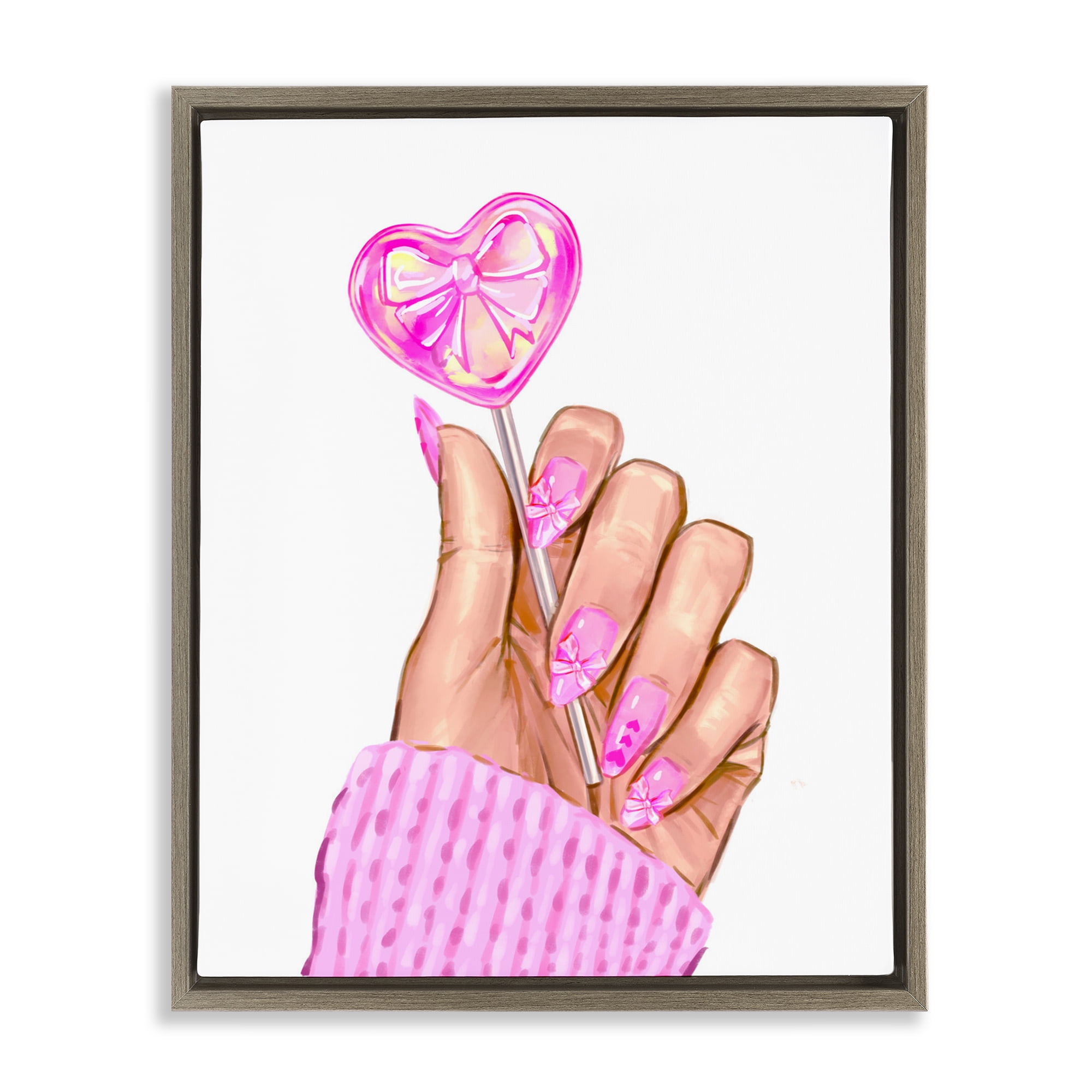 Pink Fashion Bow Lollipop Brown Framed Floater Canvas Wall Art, design by Ziwei Li