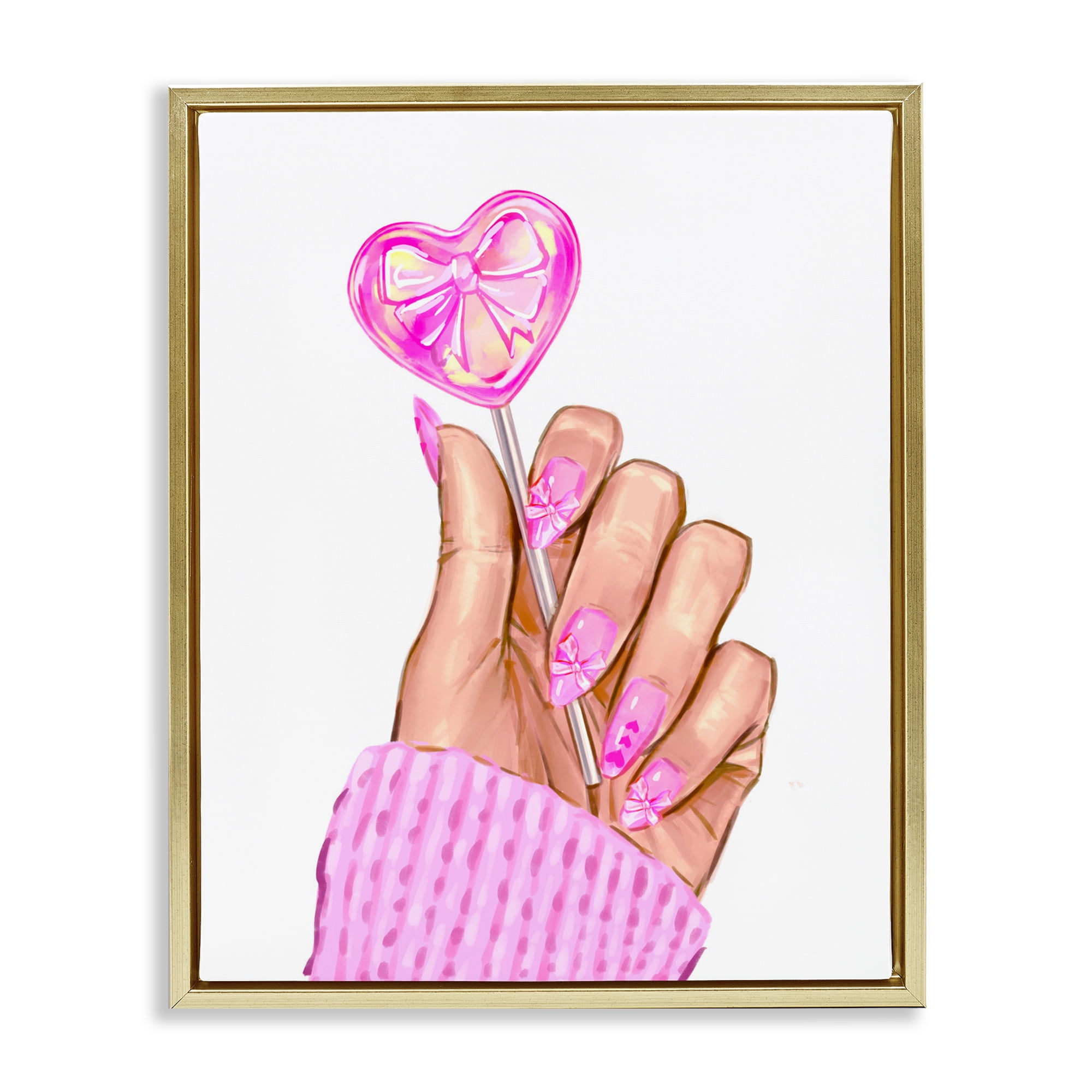 Pink Fashion Bow Lollipop Gold Framed Floater Canvas Wall Art, design by Ziwei Li