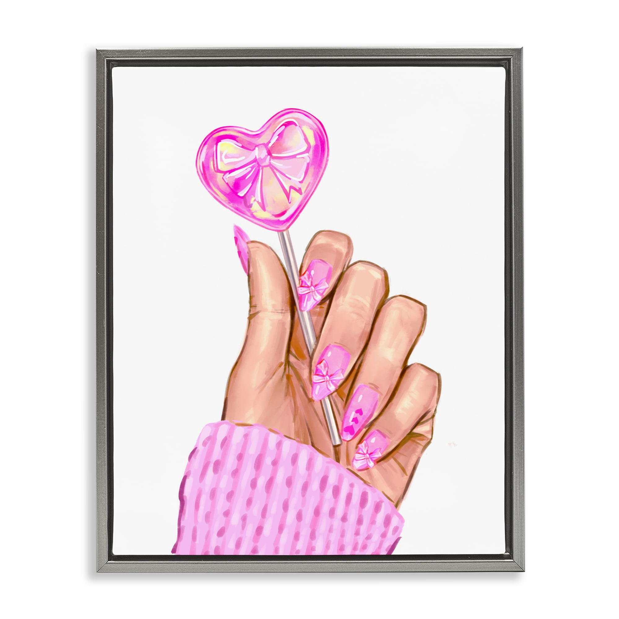 Pink Fashion Bow Lollipop Gray Framed Floater Canvas Wall Art, design by Ziwei Li