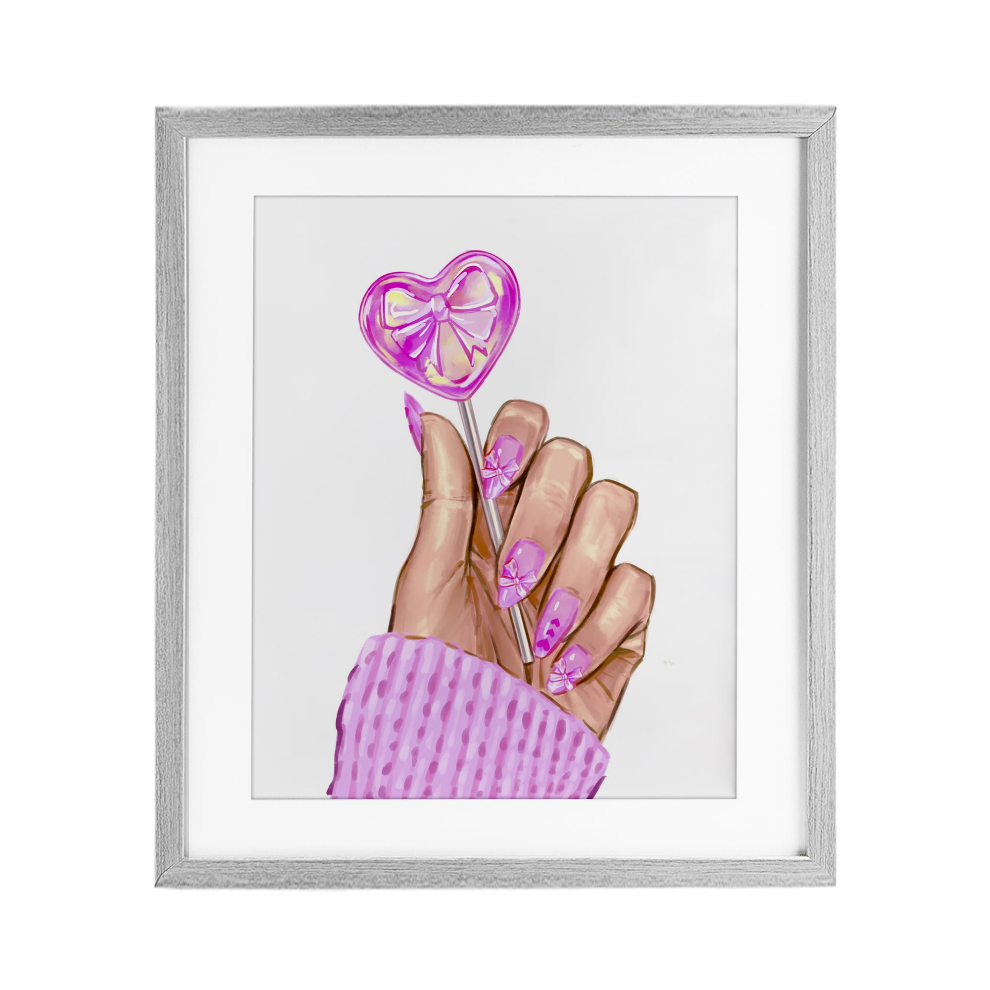Pink Fashion Bow Lollipop Gray Framed Print Under Glass, design by Ziwei Li