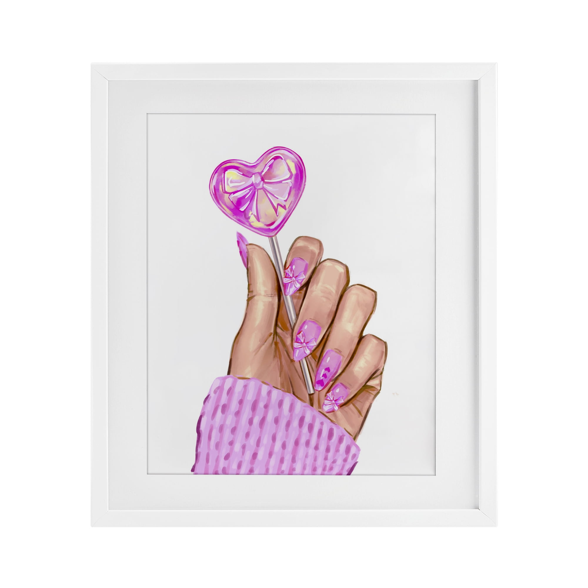 Pink Fashion Bow Lollipop White Framed Print Under Glass, design by Ziwei Li